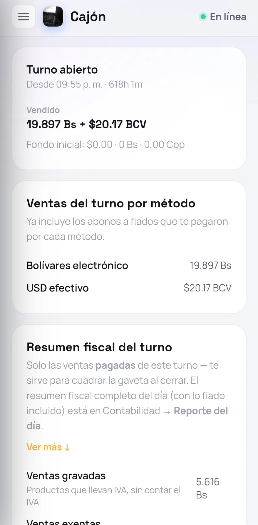 Pantalla de Cajón de FrixPOS con el turno de caja abierto y las ventas del día por método de pago
