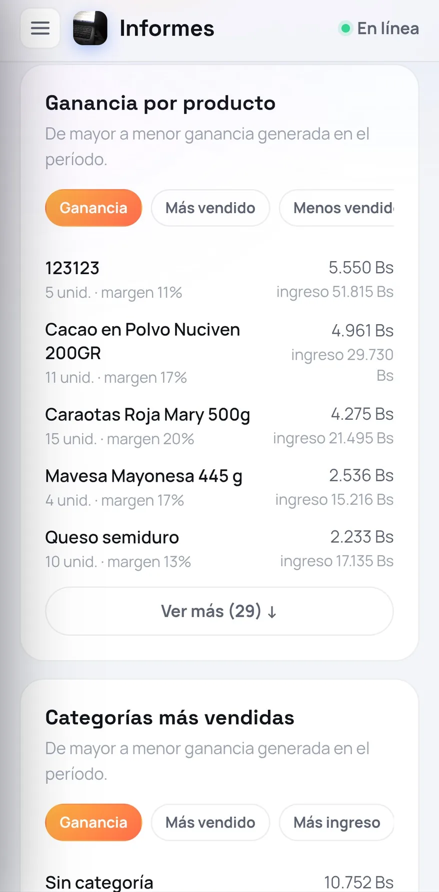 Informes de FrixPOS con la ganancia real por producto y las categorías más vendidas