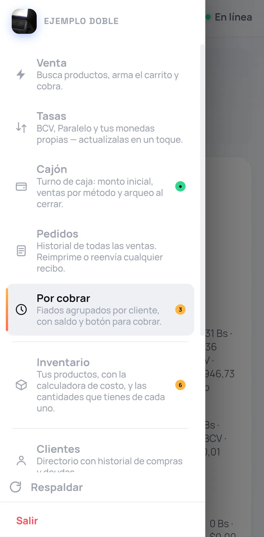 Menú principal de FrixPOS con Venta, Tasas, Cajón, Pedidos, Por cobrar e Inventario