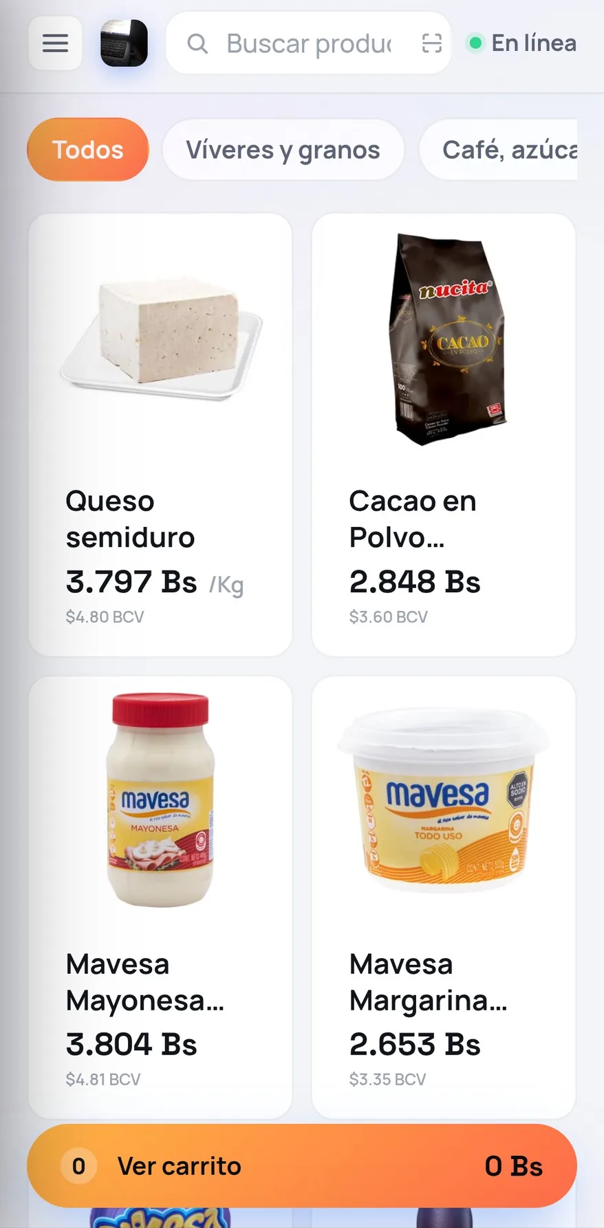 Pantalla de venta de FrixPOS con búsqueda de productos y precios en bolívares y dólares