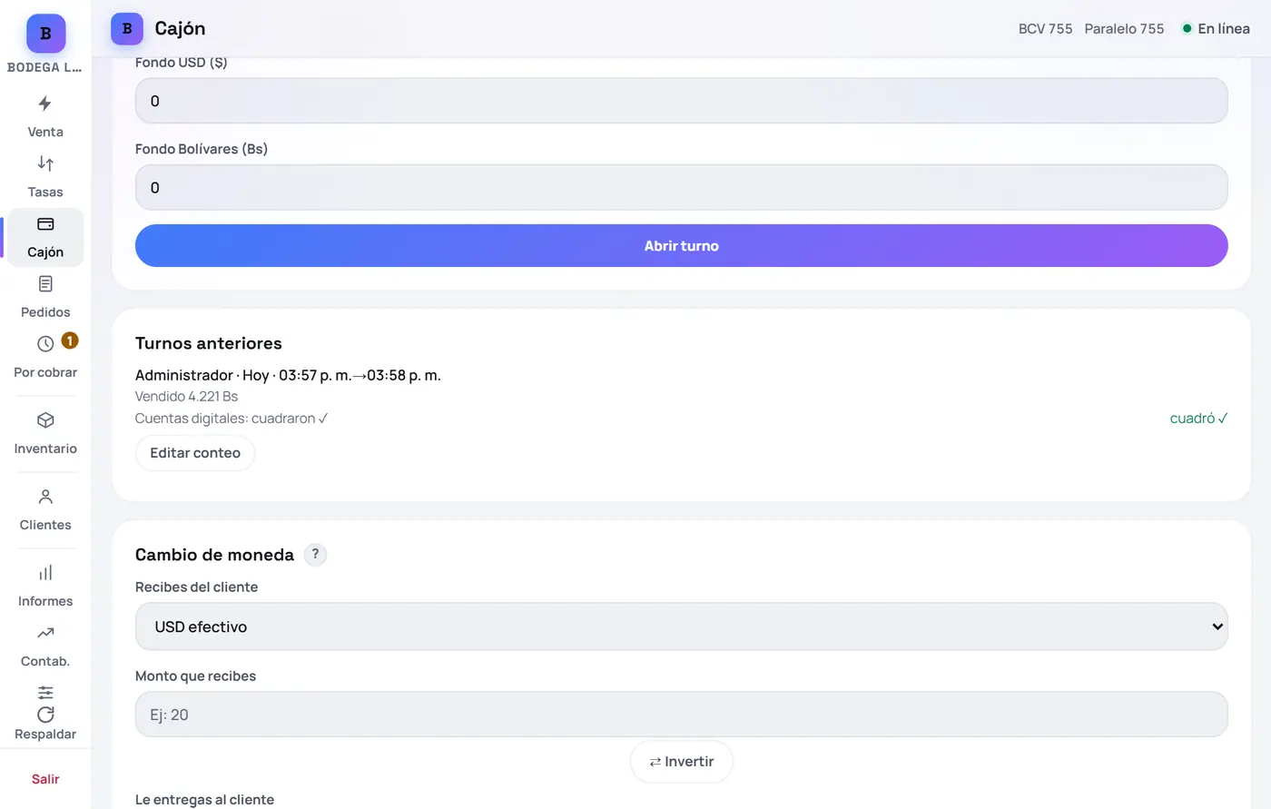 Captura de FrixPOS: Revisa tus turnos anteriores