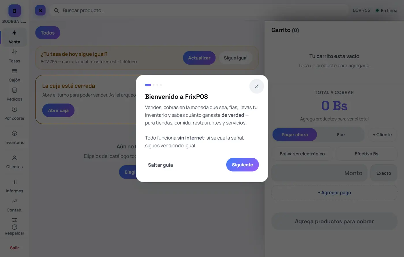 Captura de FrixPOS: Mira la bienvenida (o sáltala)