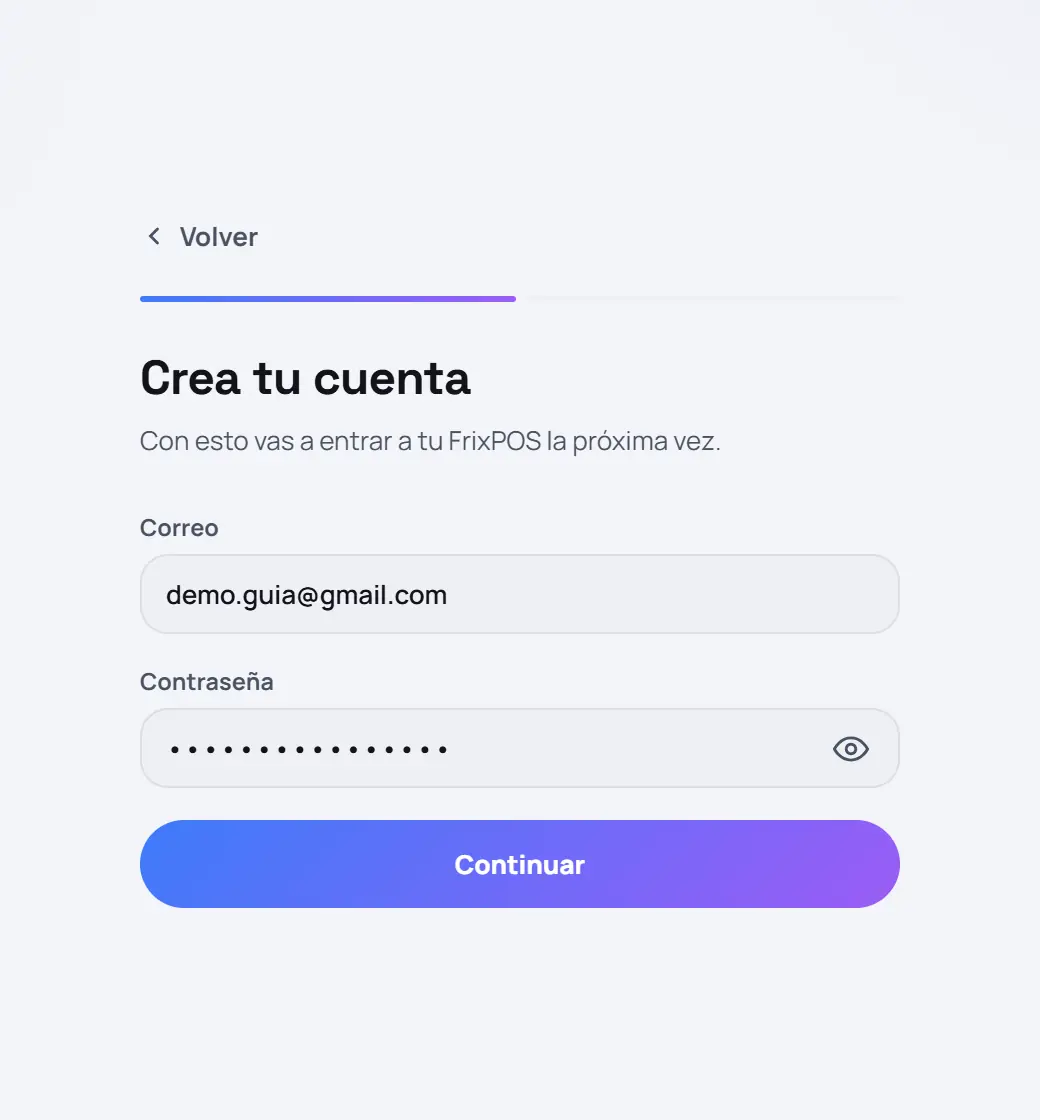 Captura de FrixPOS: Escribe tu correo y una contraseña