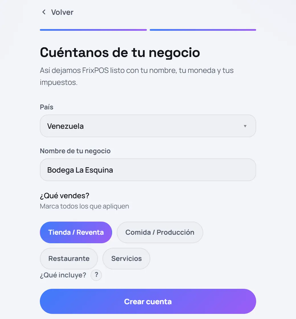 Captura de FrixPOS: Cuéntanos de tu negocio