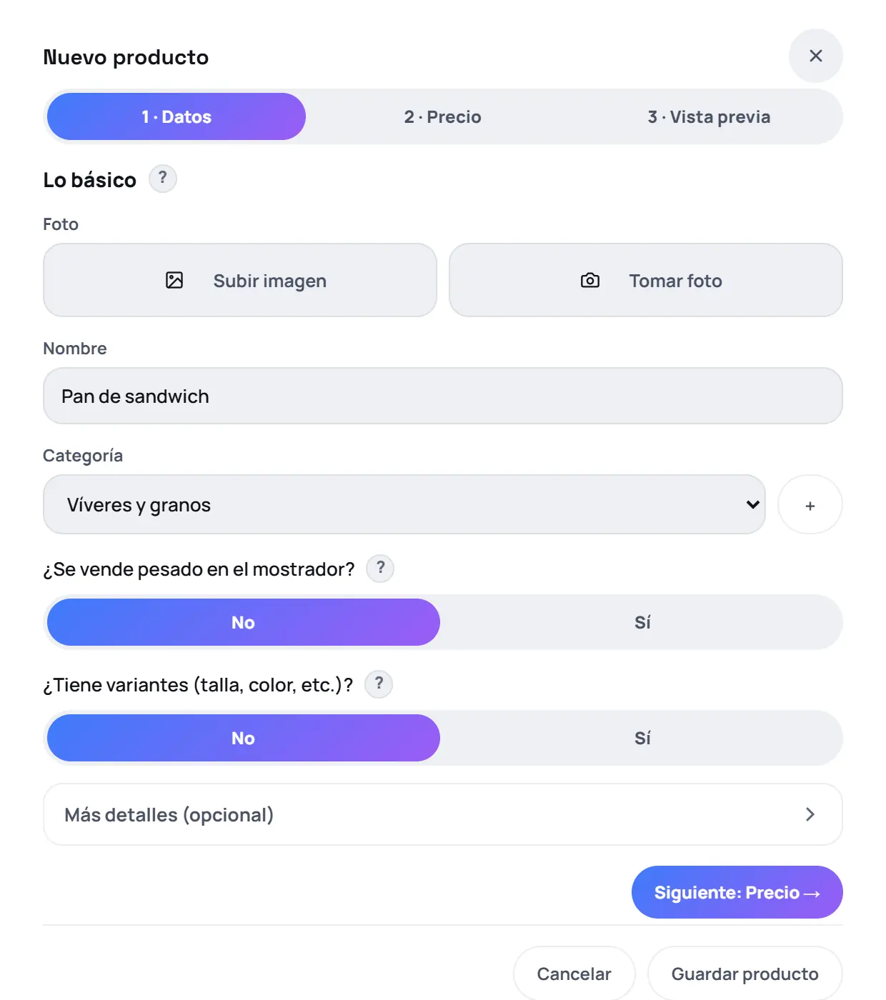 Captura de FrixPOS: Escribe el nombre y la categoría
