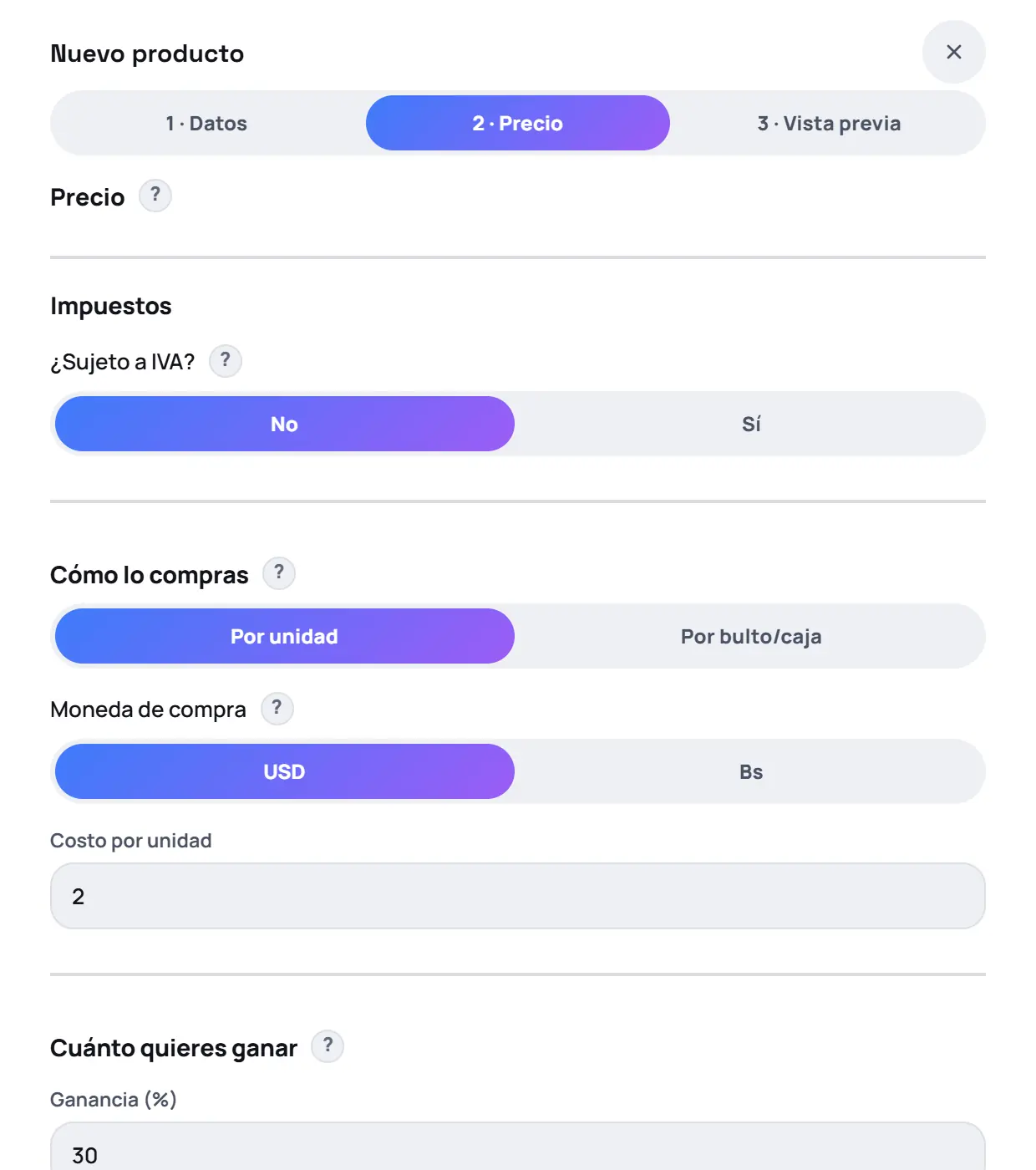 Captura de FrixPOS: Escribe el costo y tu ganancia