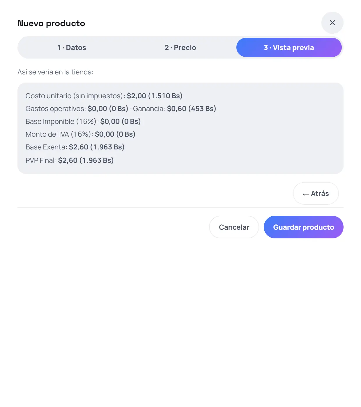 Captura de FrixPOS: Revisa el precio y guarda