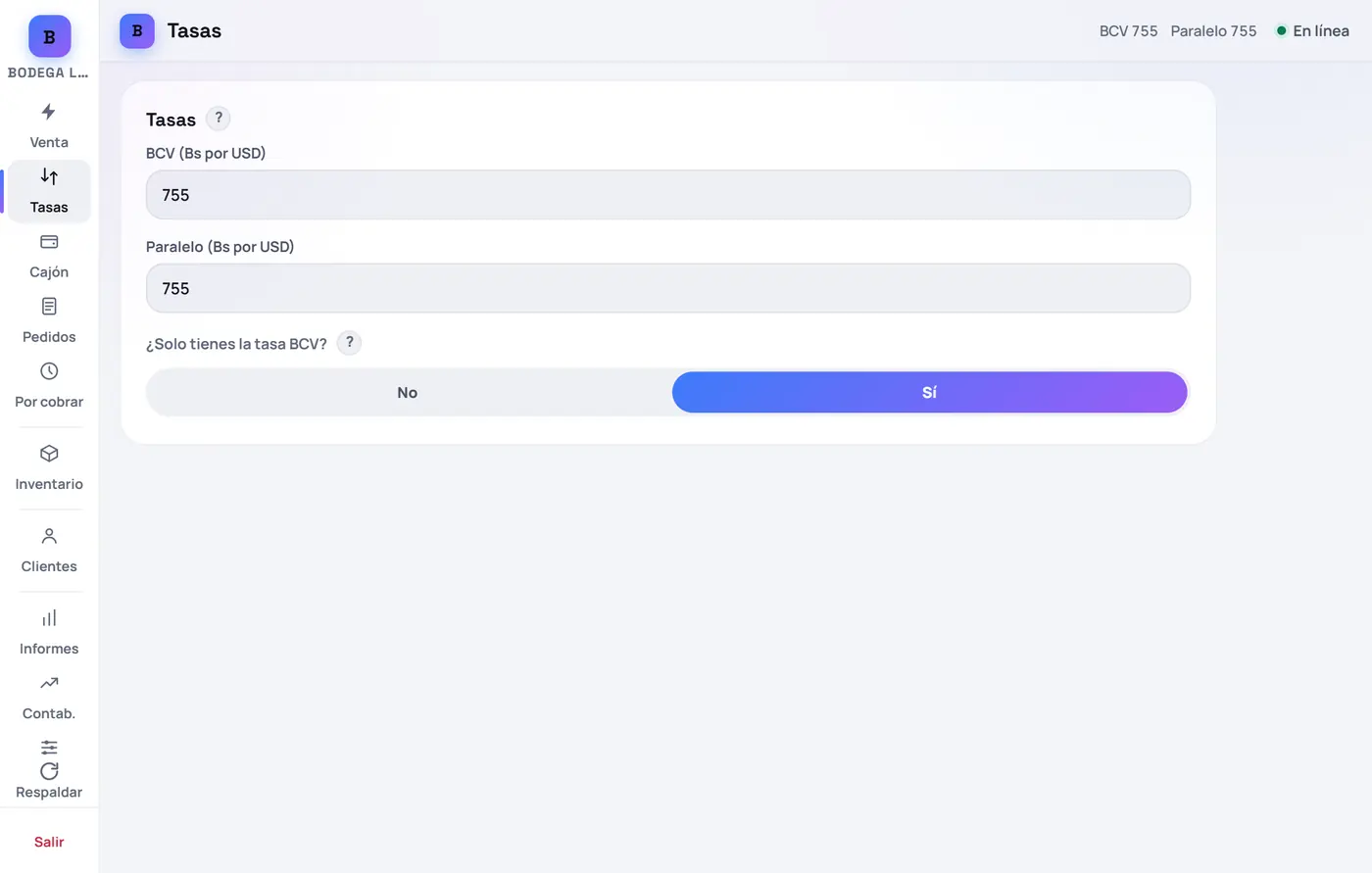 Captura de FrixPOS: ¿Solo tienes la tasa BCV? Elige «Sí»