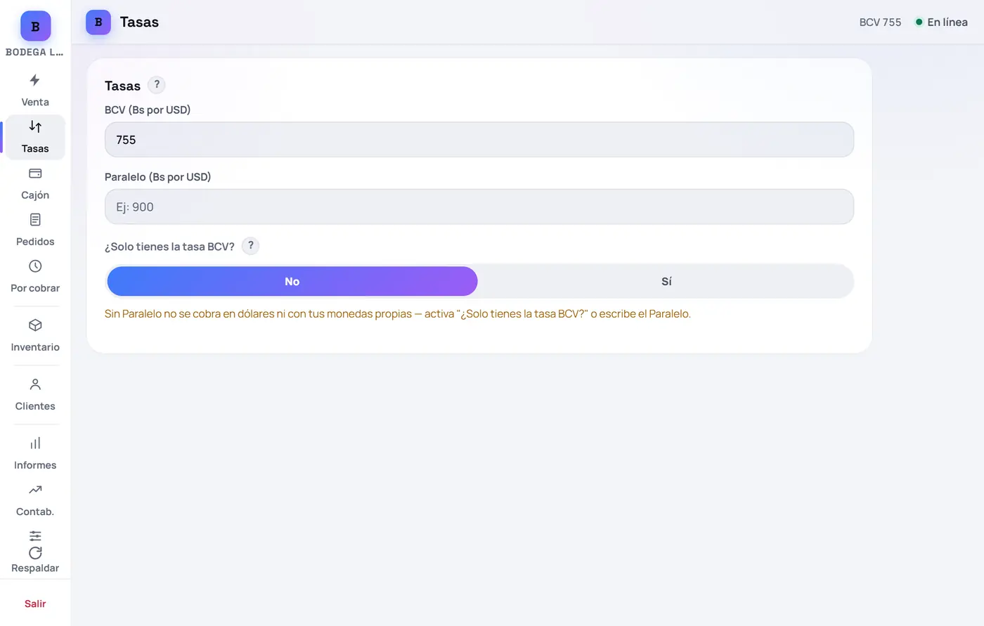 Captura de FrixPOS: Escribe la tasa BCV