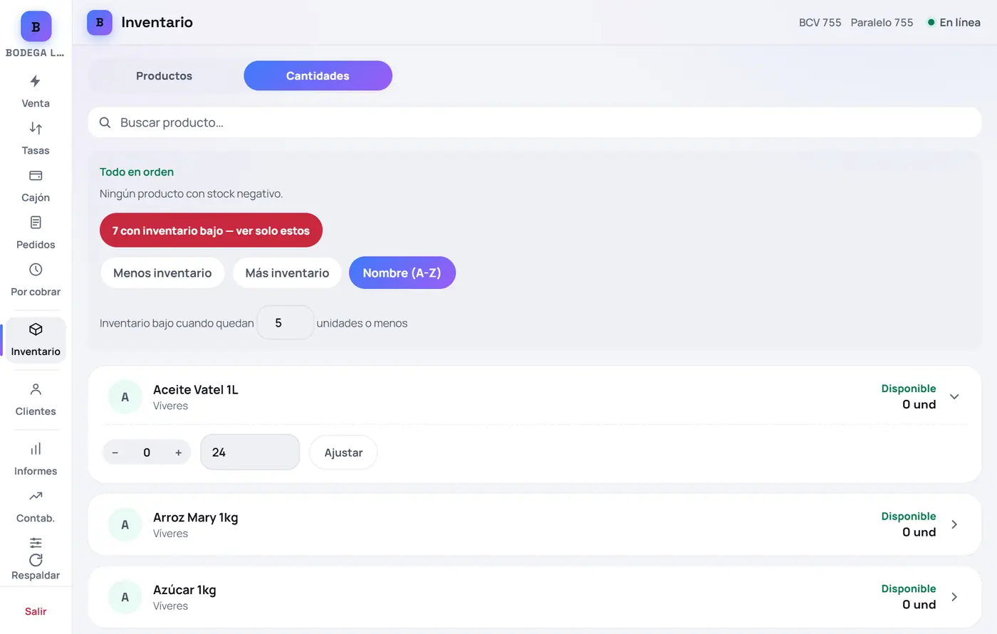 Captura de FrixPOS: Escribe cuántos tienes y haz clic en «Ajustar»