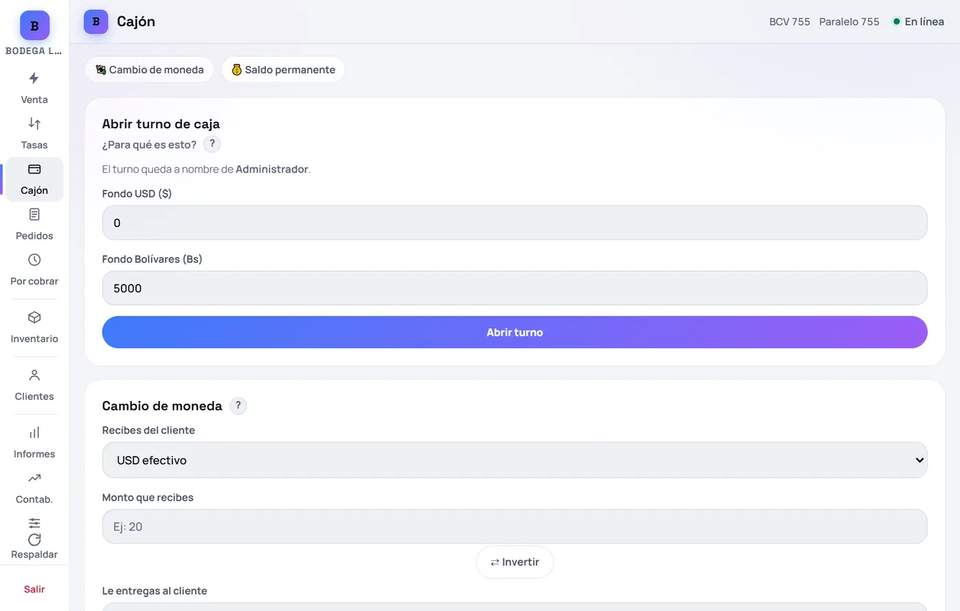 Captura de FrixPOS: Escribe con cuánto efectivo empiezas