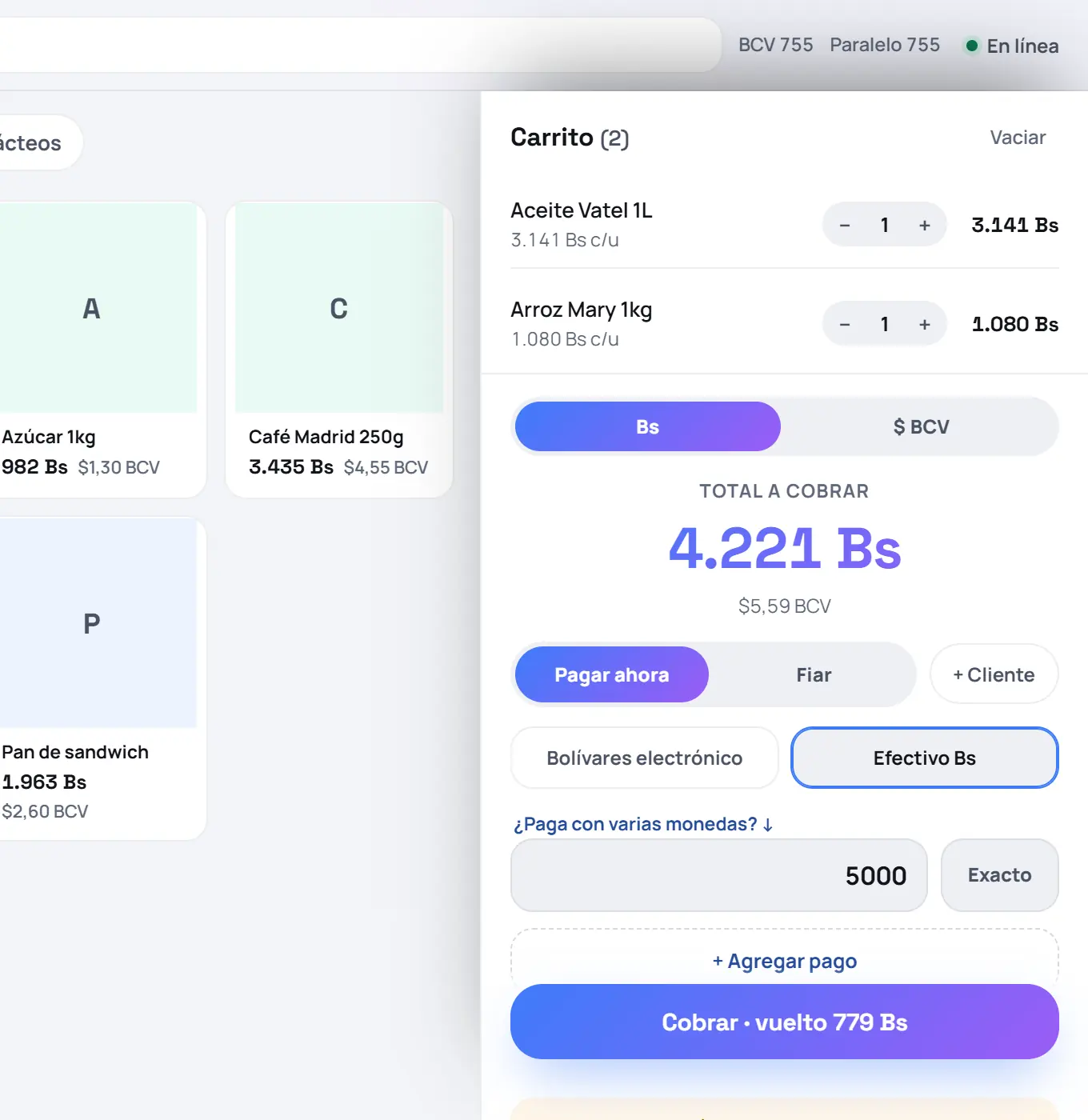 Captura de FrixPOS: Elige cómo paga y escribe cuánto te da