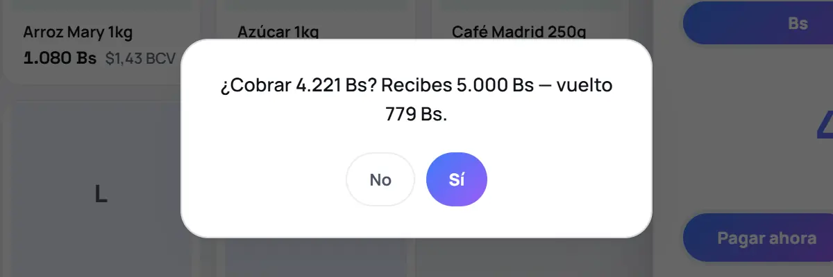 Captura de FrixPOS: Confirma el vuelto