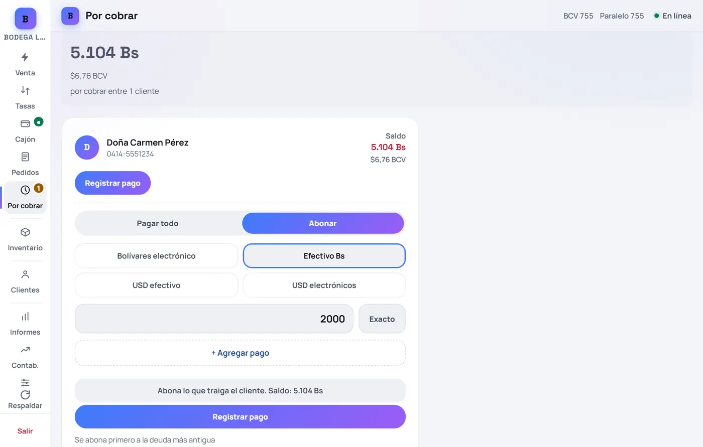 Captura de FrixPOS: Elige «Abonar» o «Pagar todo»
