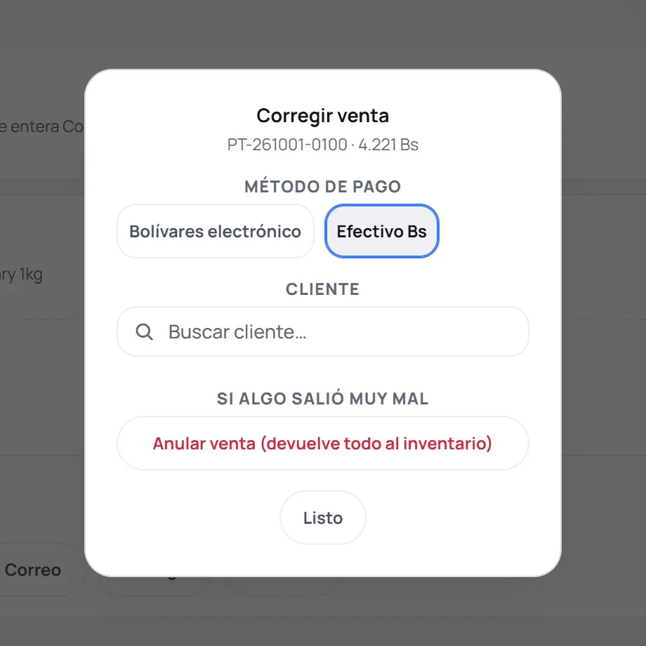 Captura de FrixPOS: Corregir: cambia el método de pago