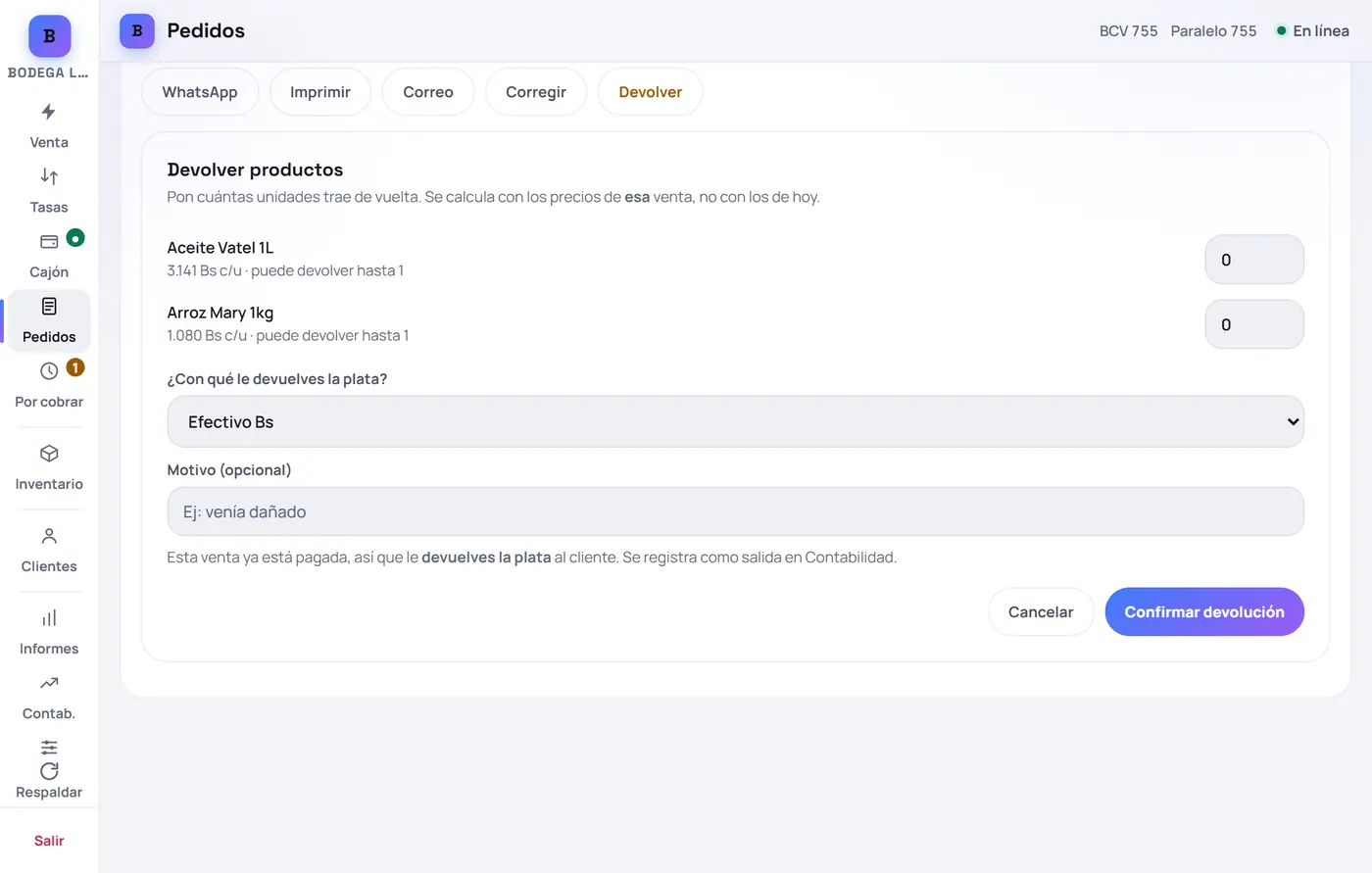 Captura de FrixPOS: Devolver un producto