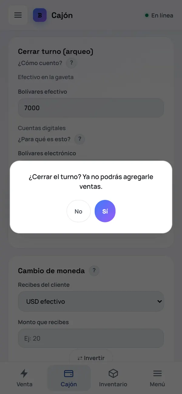 Captura de FrixPOS: Confirma el cierre