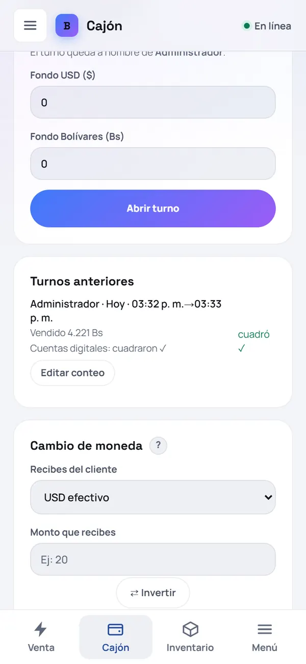 Captura de FrixPOS: Revisa tus turnos anteriores