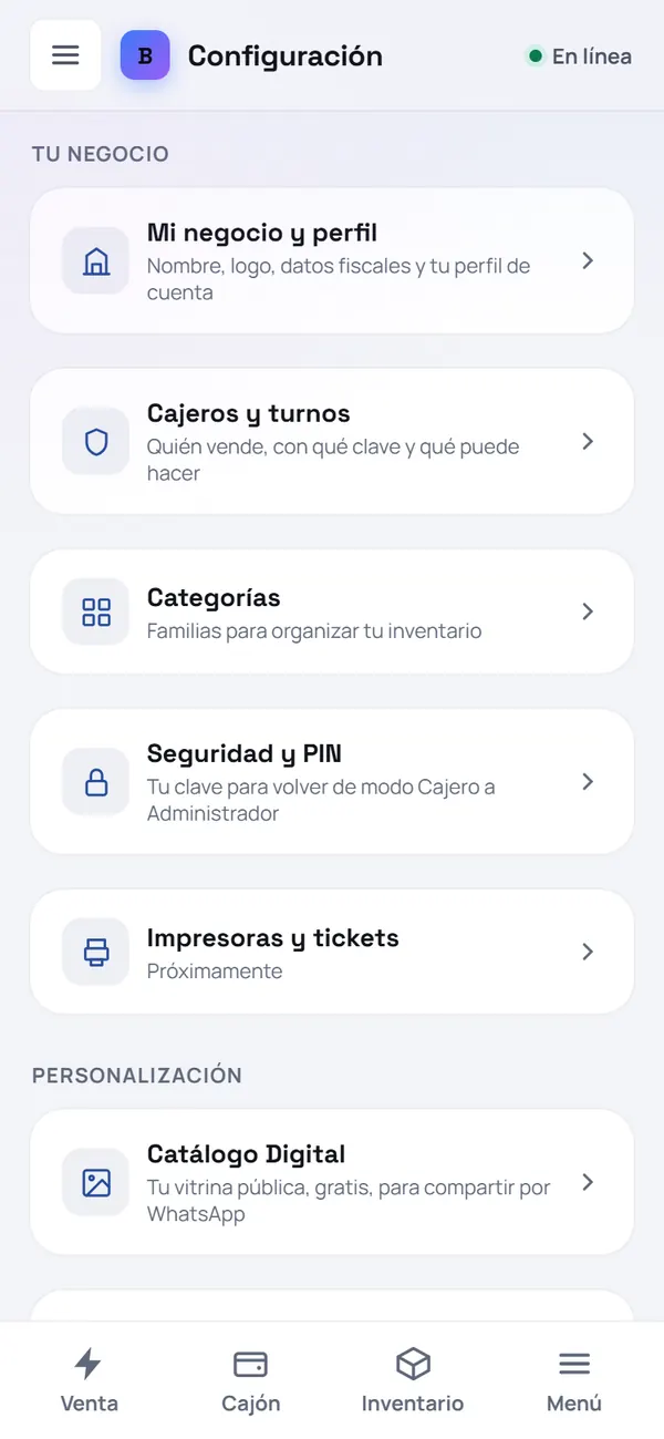 Captura de FrixPOS: Ve a Configuración → «Cajeros y turnos»