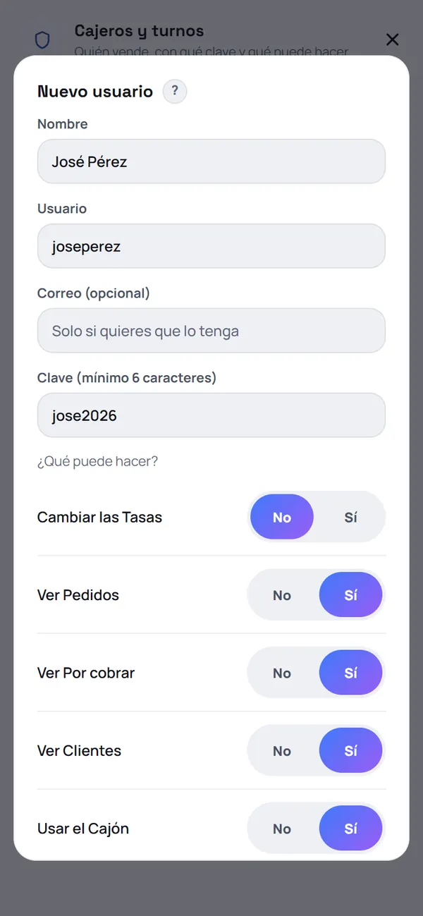 Captura de FrixPOS: Escribe su nombre, usuario y clave