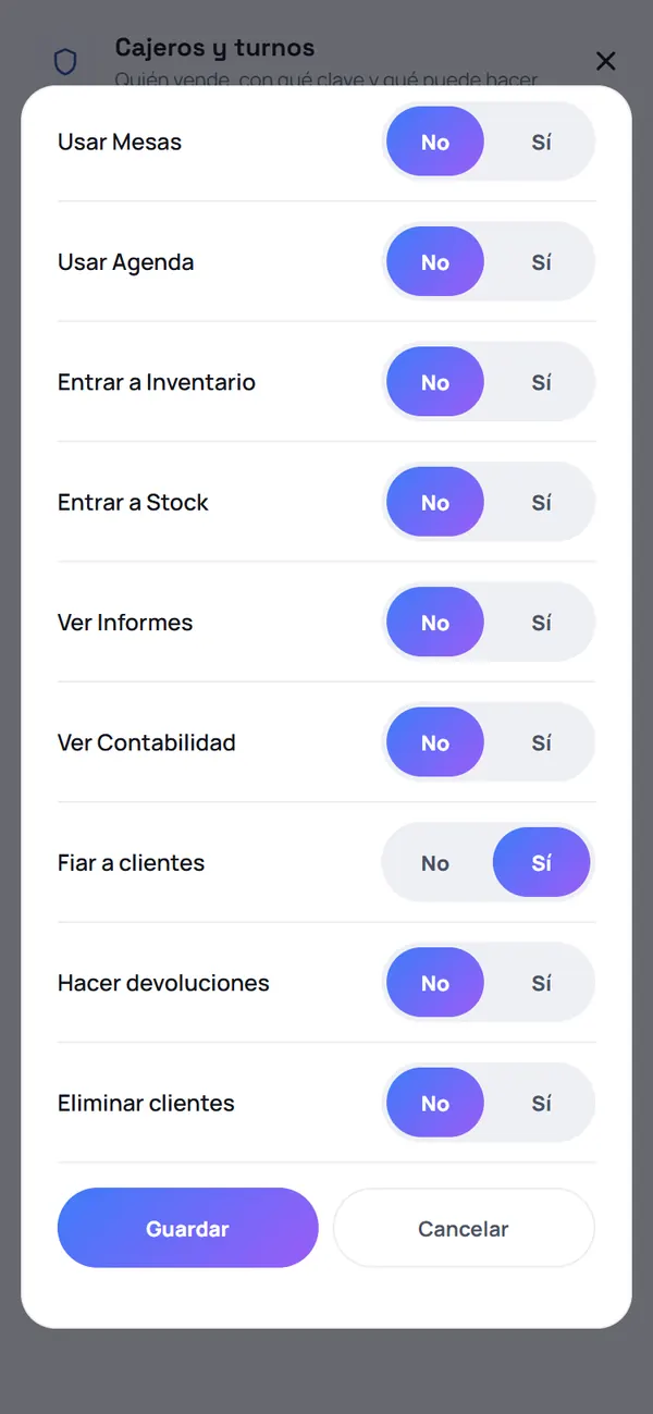 Captura de FrixPOS: Elige qué puede hacer