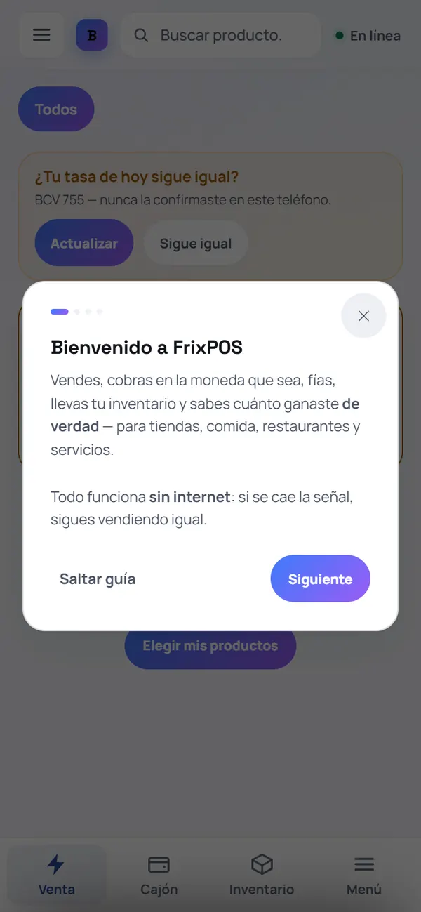 Captura de FrixPOS: Mira la bienvenida (o sáltala)