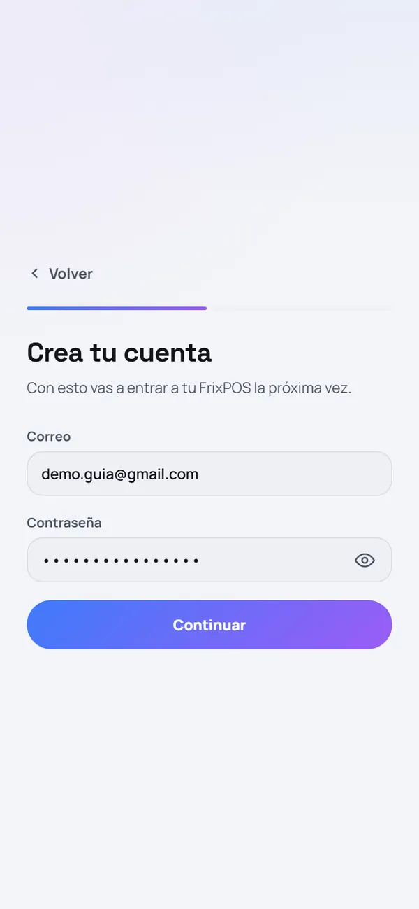 Captura de FrixPOS: Escribe tu correo y una contraseña