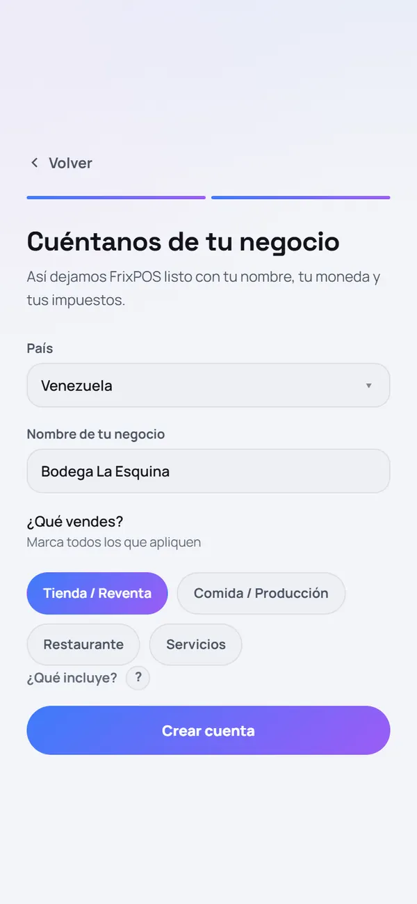 Captura de FrixPOS: Cuéntanos de tu negocio