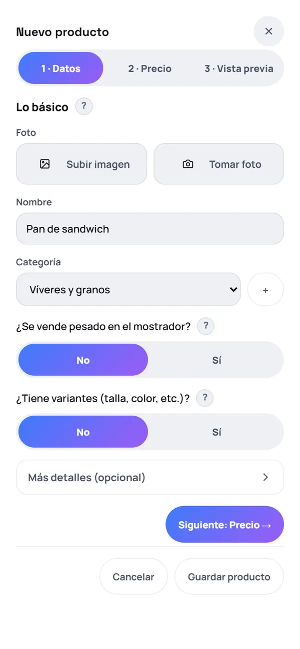 Captura de FrixPOS: Escribe el nombre y la categoría