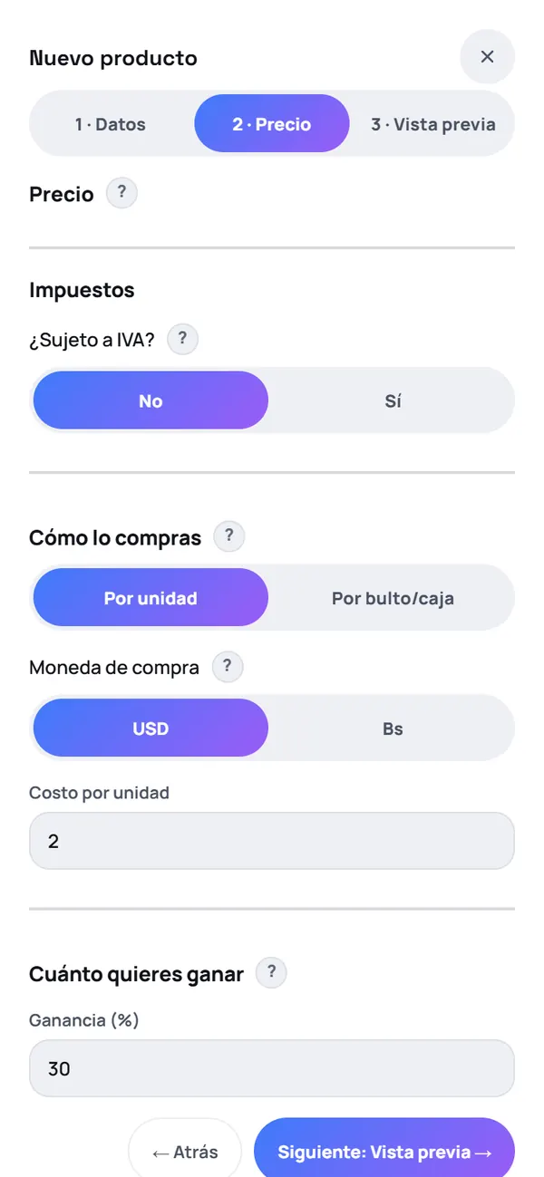 Captura de FrixPOS: Escribe el costo y tu ganancia