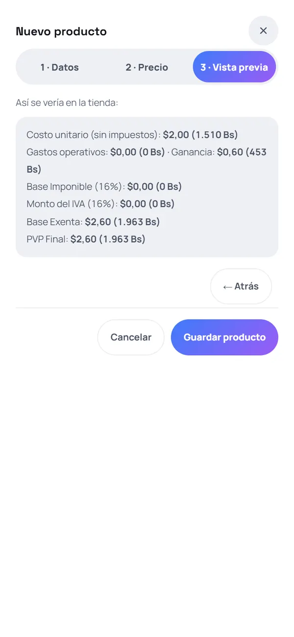 Captura de FrixPOS: Revisa el precio y guarda