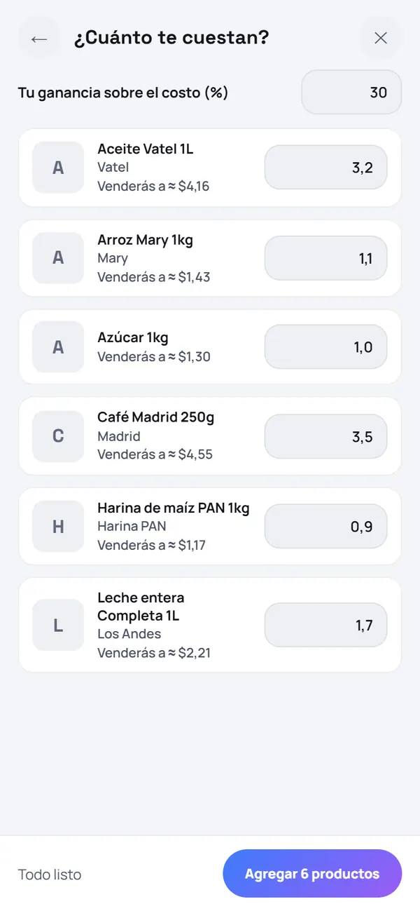 Captura de FrixPOS: Escribe cuánto te costó cada uno