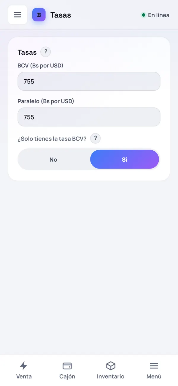 Captura de FrixPOS: ¿Solo tienes la tasa BCV? Toca «Sí»