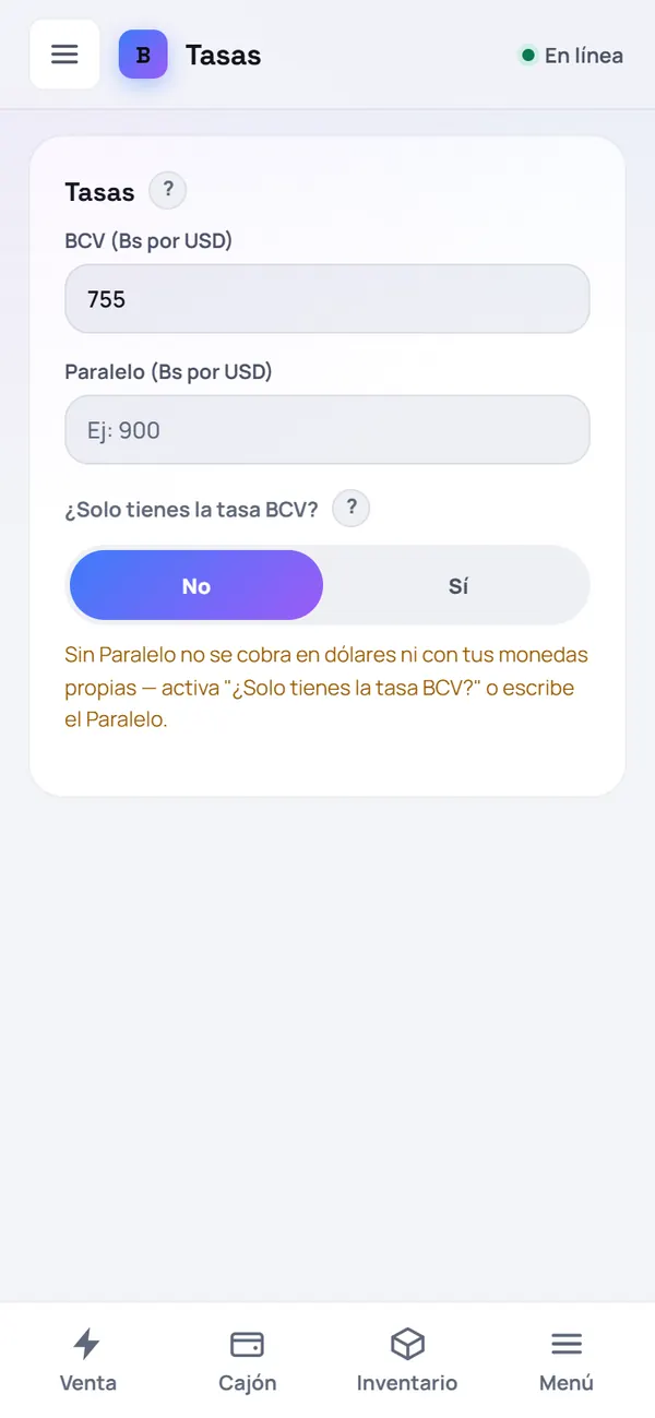 Captura de FrixPOS: Escribe la tasa BCV