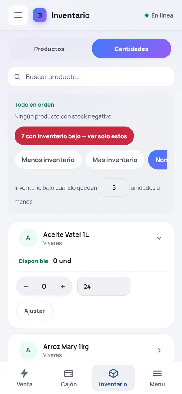 Captura de FrixPOS: Escribe cuántos tienes y toca «Ajustar»