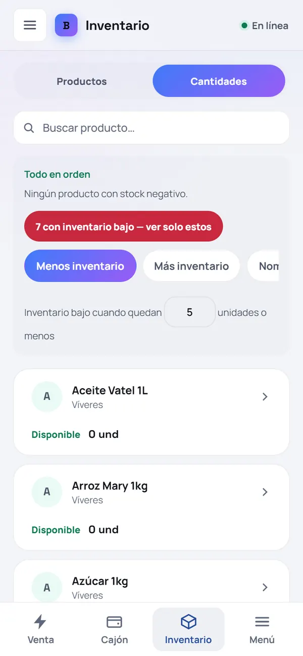Captura de FrixPOS: Entra a Inventario → Cantidades