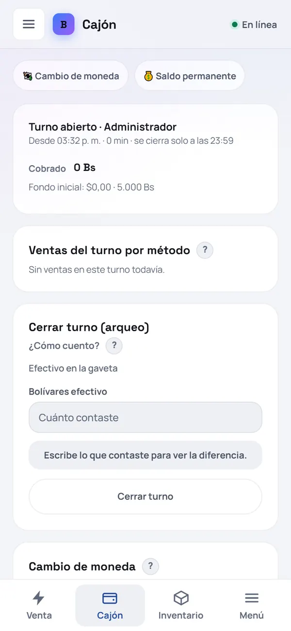 Captura de FrixPOS: Turno abierto: ya puedes vender