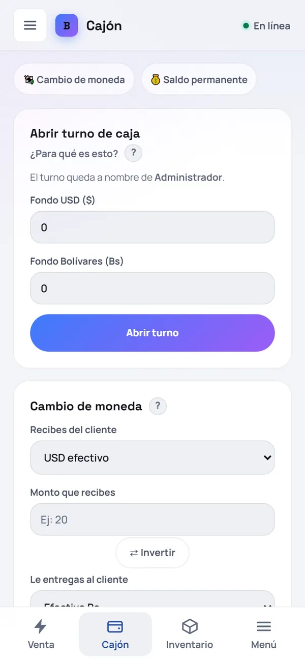 Captura de FrixPOS: Entra a «Cajón»