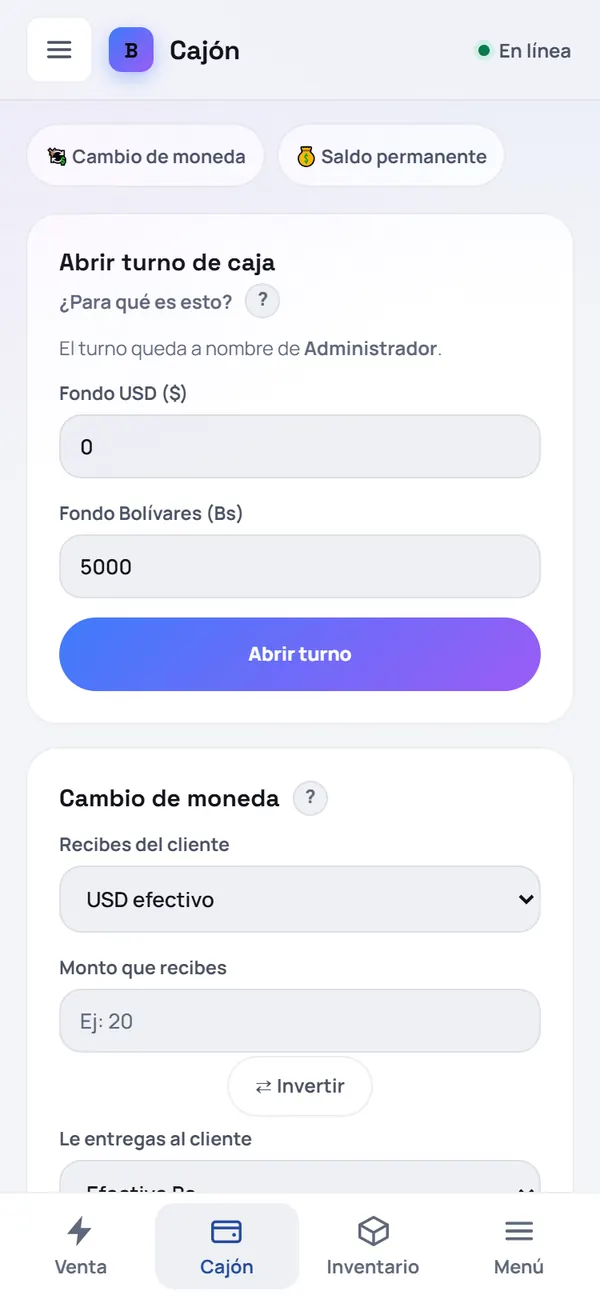 Captura de FrixPOS: Escribe con cuánto efectivo empiezas