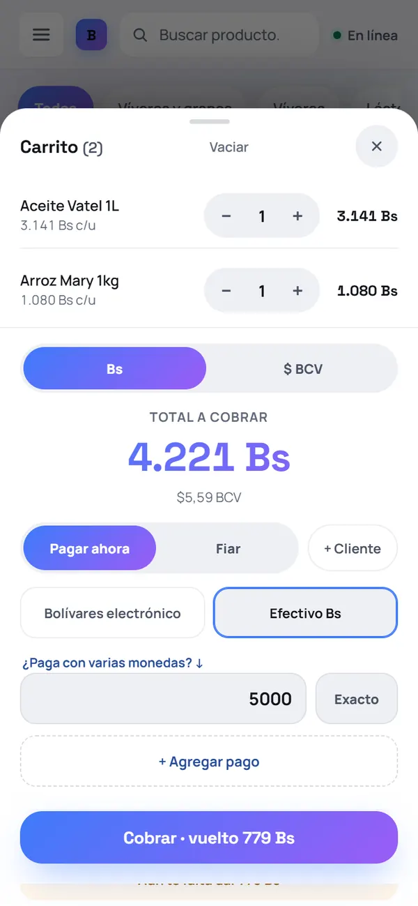 Captura de FrixPOS: Elige cómo paga y escribe cuánto te da