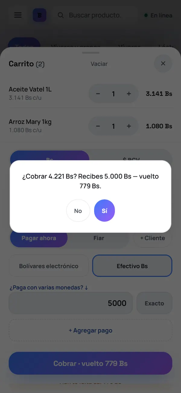 Captura de FrixPOS: Confirma el vuelto