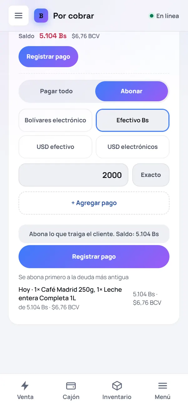 Captura de FrixPOS: Elige «Abonar» o «Pagar todo»