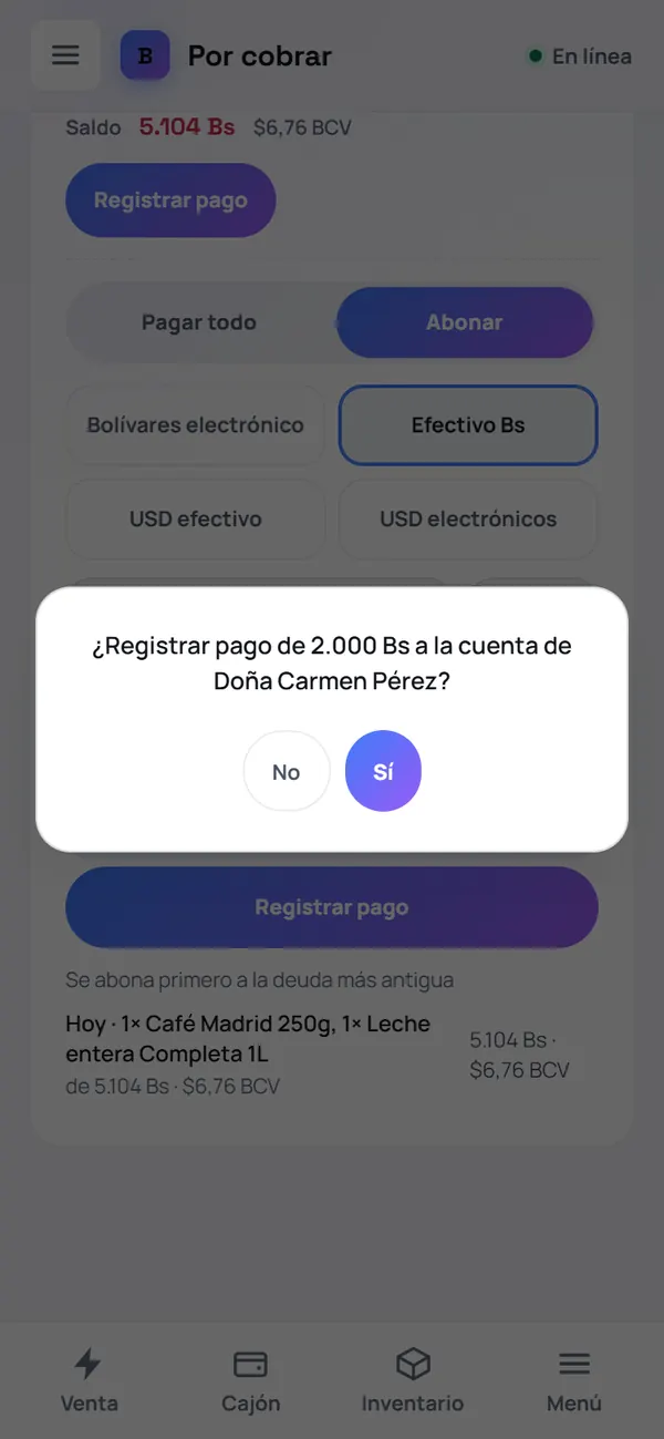 Captura de FrixPOS: Confirma el pago