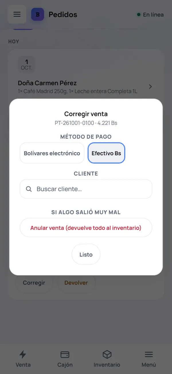Captura de FrixPOS: Corregir: cambia el método de pago