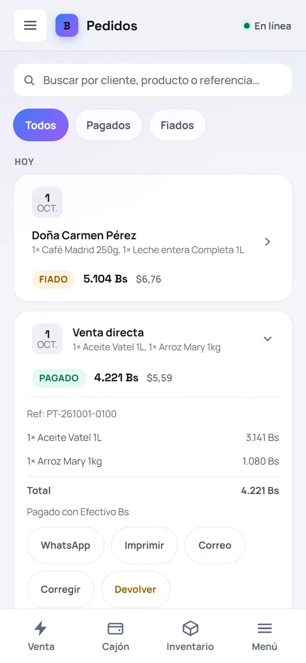 Captura de FrixPOS: Elige «Corregir» o «Devolver»