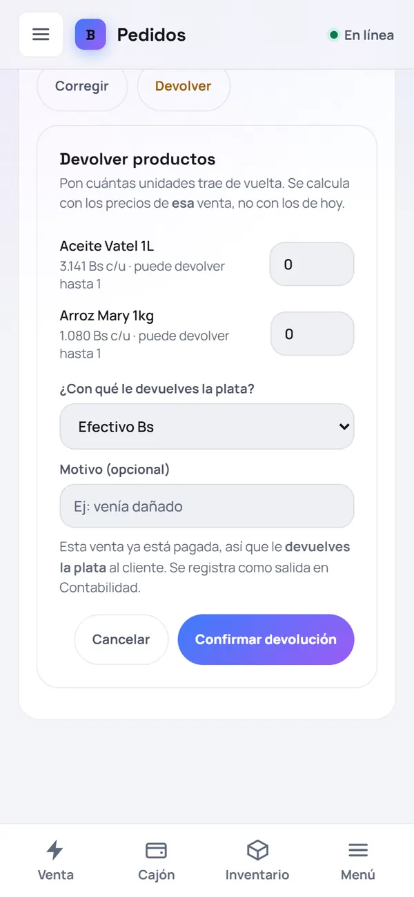 Captura de FrixPOS: Devolver un producto
